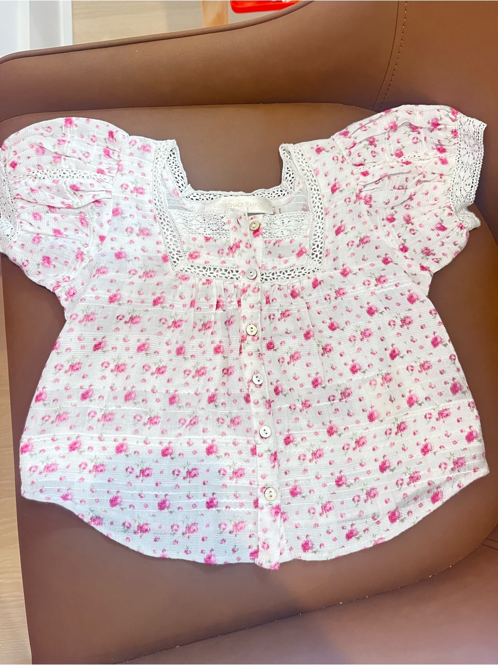 Loveshackfancy 3-4t Girls White & Pink Floral Button-Front Top with Lace Trim